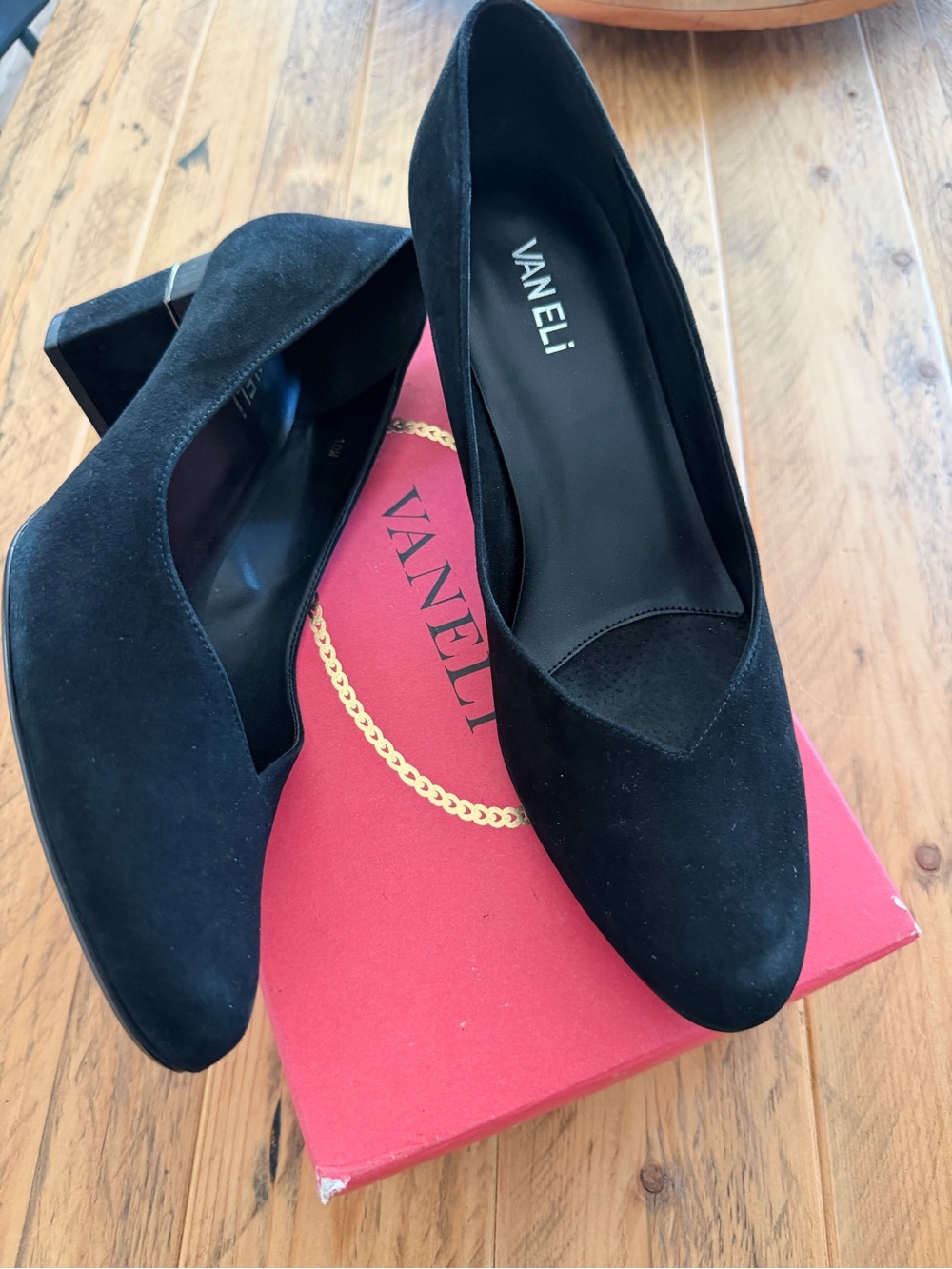 Vaneli Black Suede Pointed Block Heel Pumps